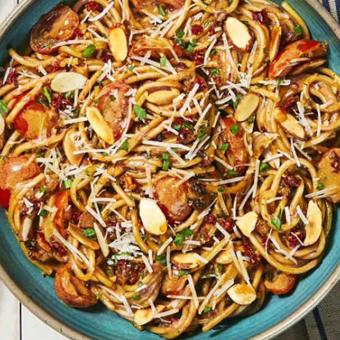 Sun-dried Tomato Spaghetti with … Fresh Herbs, Almonds, & Parm 