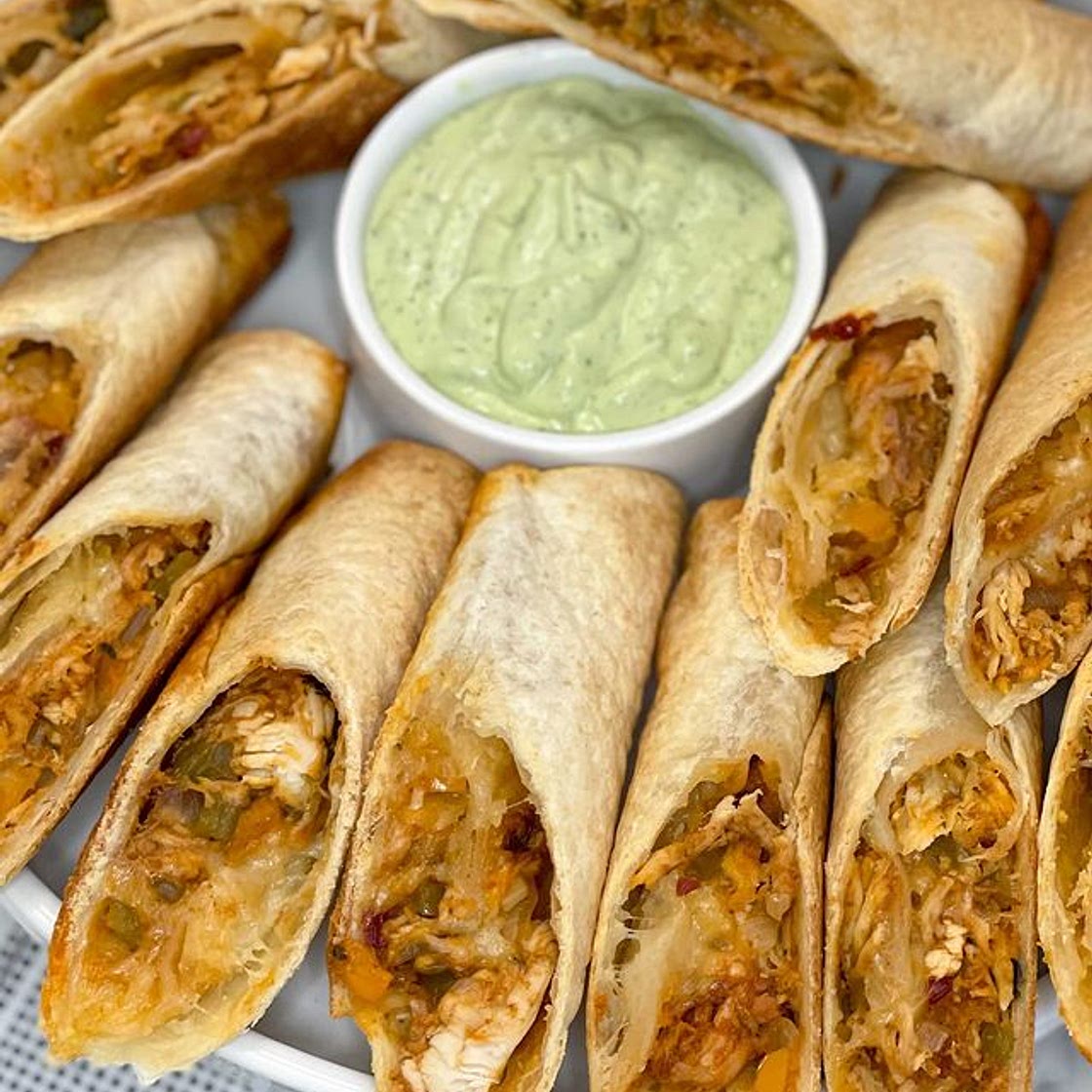 Chicken boraks (taquitos) with a avocado cilantro lime sauce