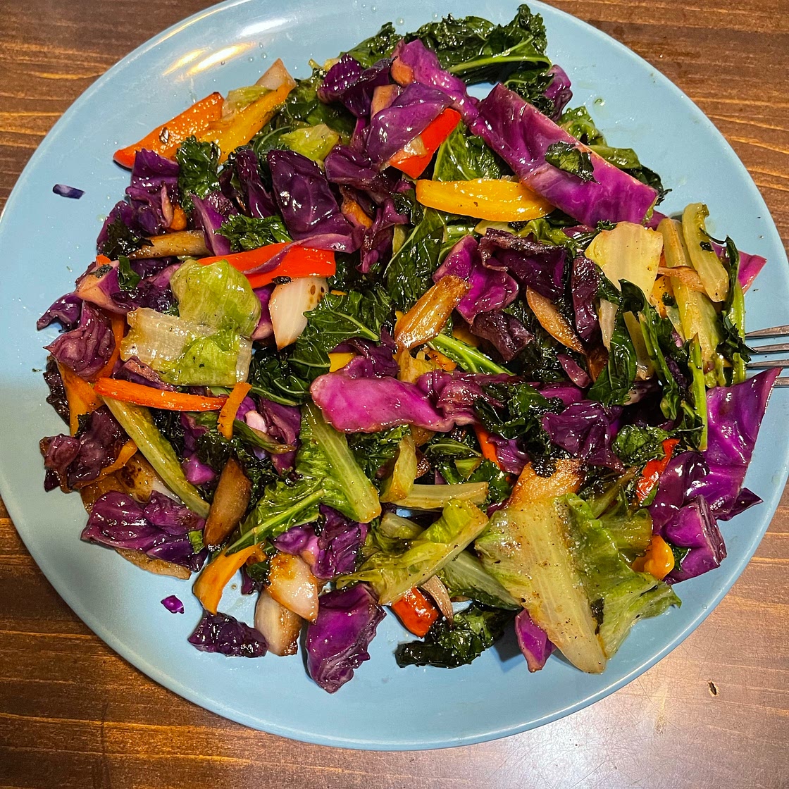 Stir Fried Kale, Romain and Red Cabbage. 