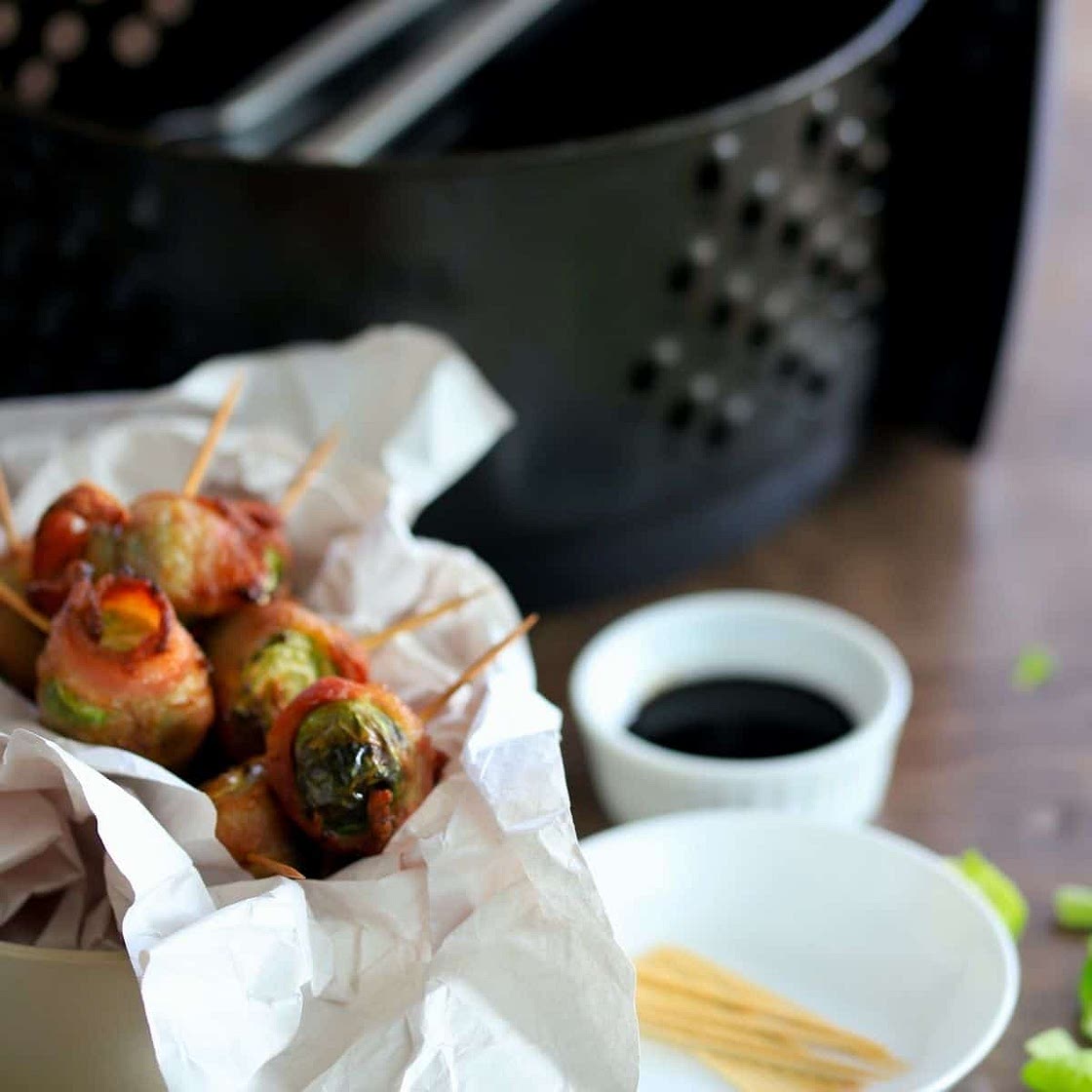 Air Fryer Keto Maple Bacon Wrapped Brussel Sprouts