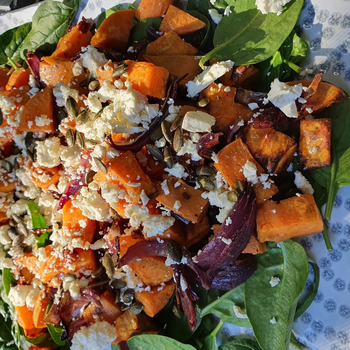 WARM SWEET POTATO SALAD WITH CRANBERRIES & FETA