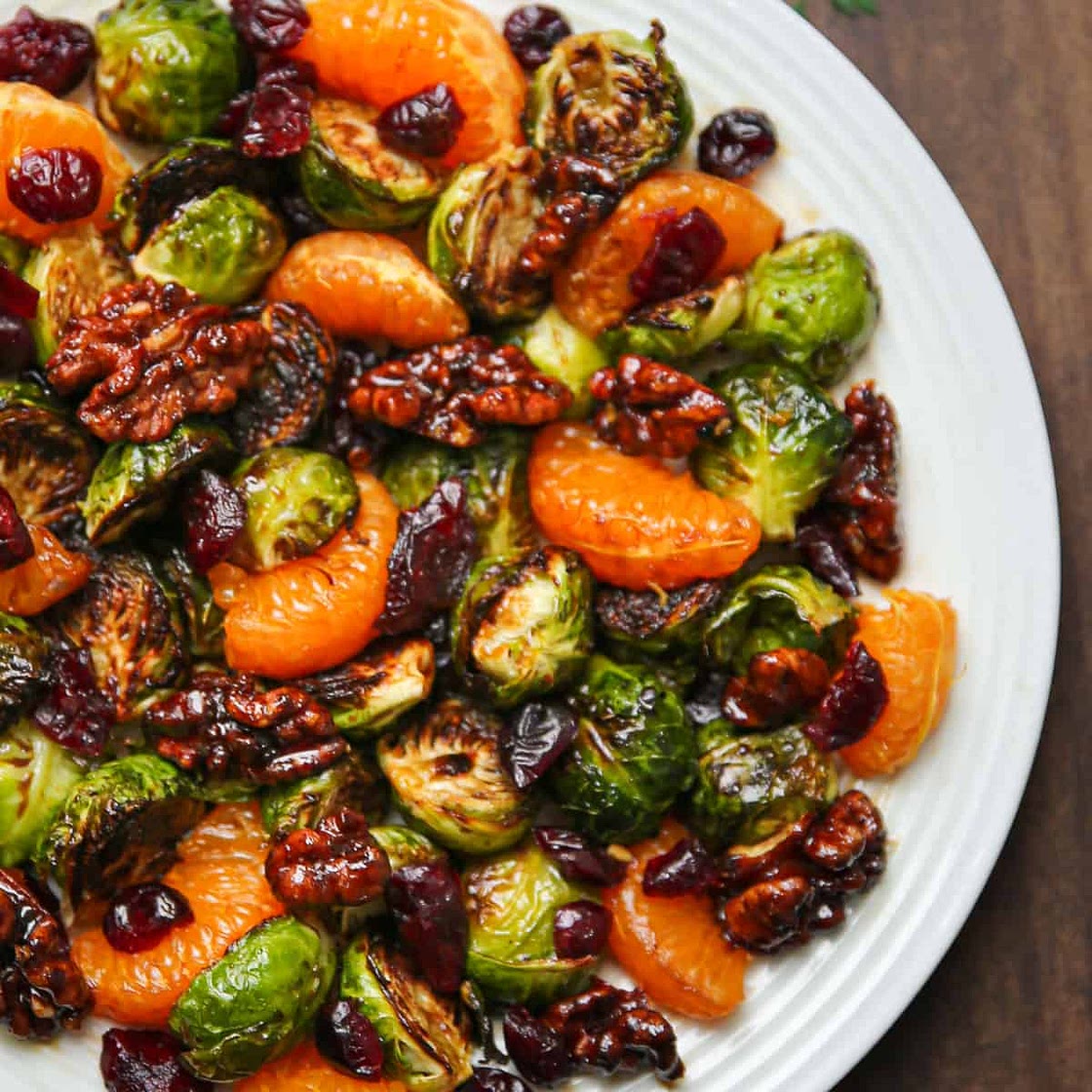 Roasted Brussels Sprouts with Mandarin Oranges, Walnuts, Cranberries, and Balsamic Glaze