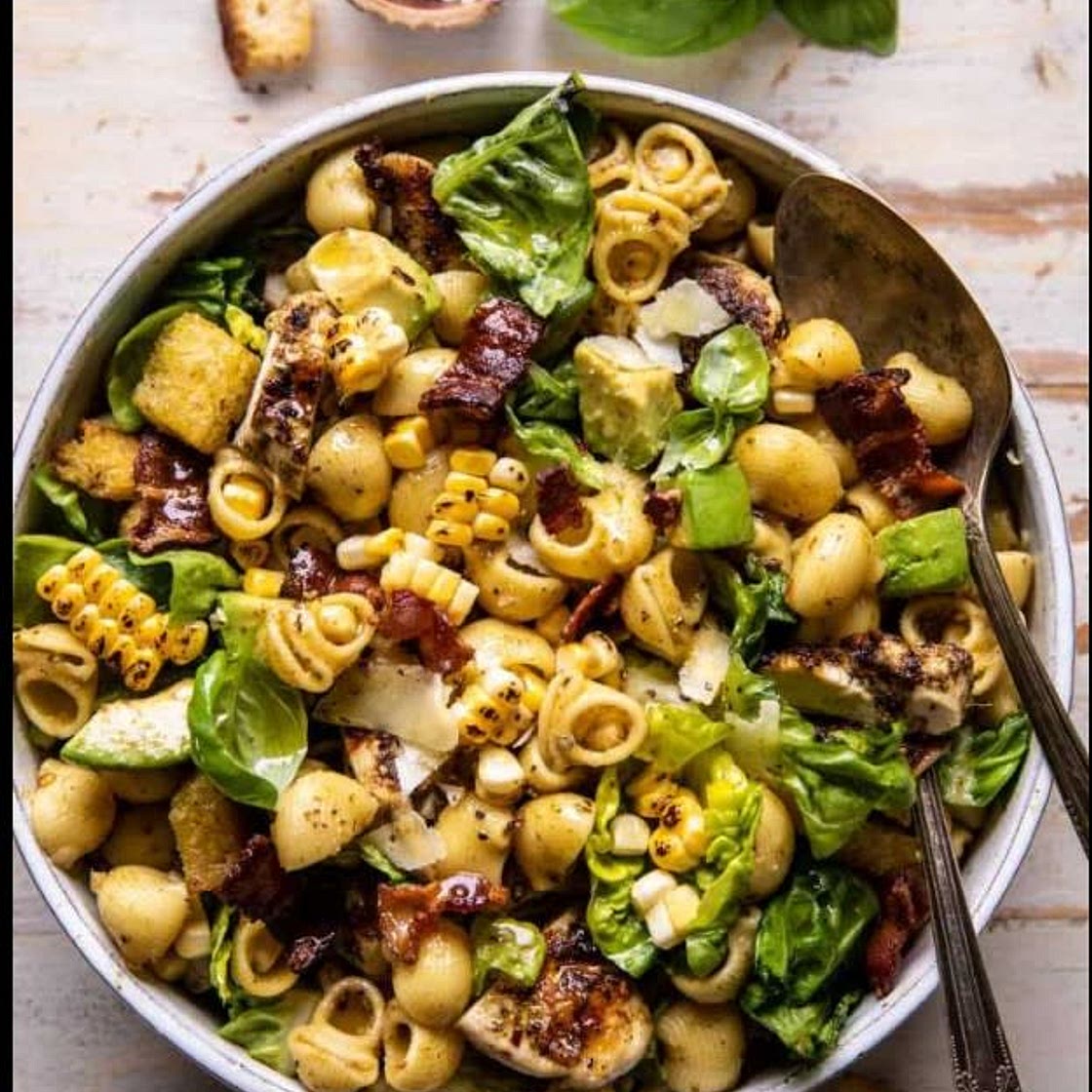 Pesto Chicken, Corn, and Avocado Bacon Pasta Salad