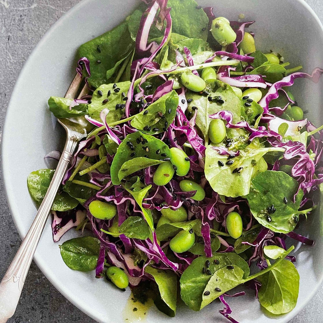 Watercress, Purple Cabbage, and Edamame Salad with Toasted Sesame Seeds [HMC]