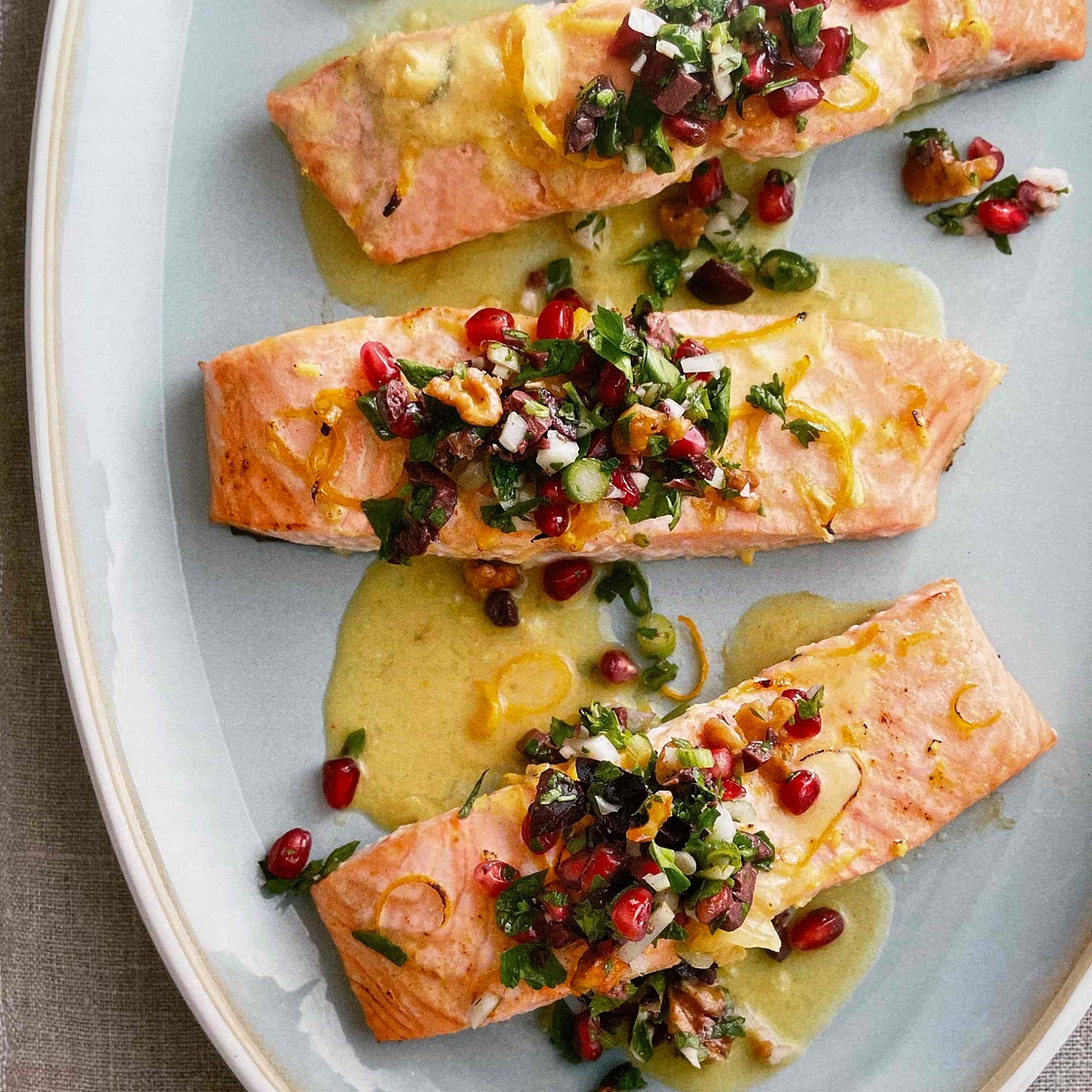 Roasted Ginger Salmon (Chicken) with Pomegranate Olive (Capers) Mint Salsa [HMC]