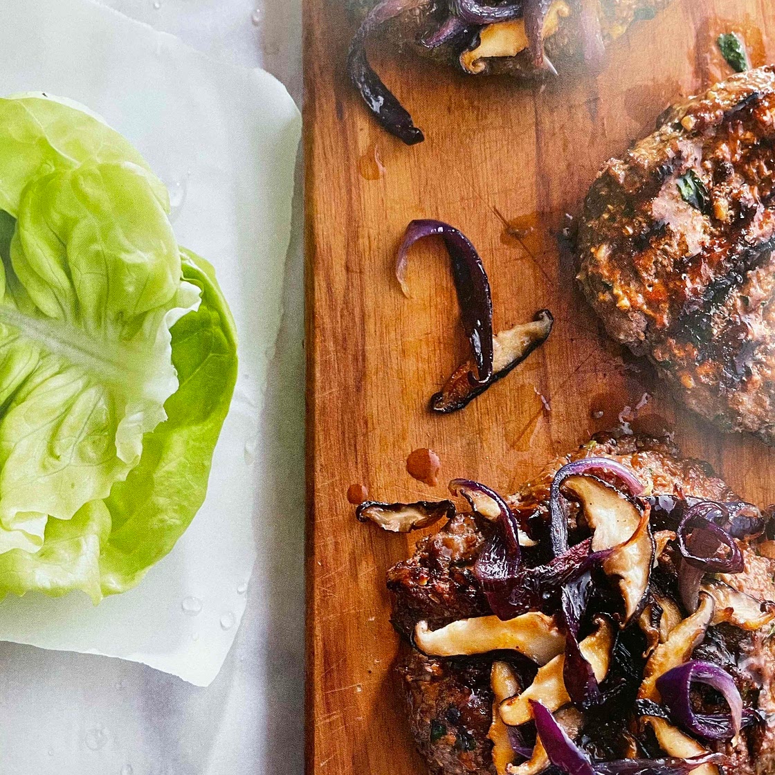 Grilled Bison Burgers with Caramelized Onions and Crispy Shiitakes