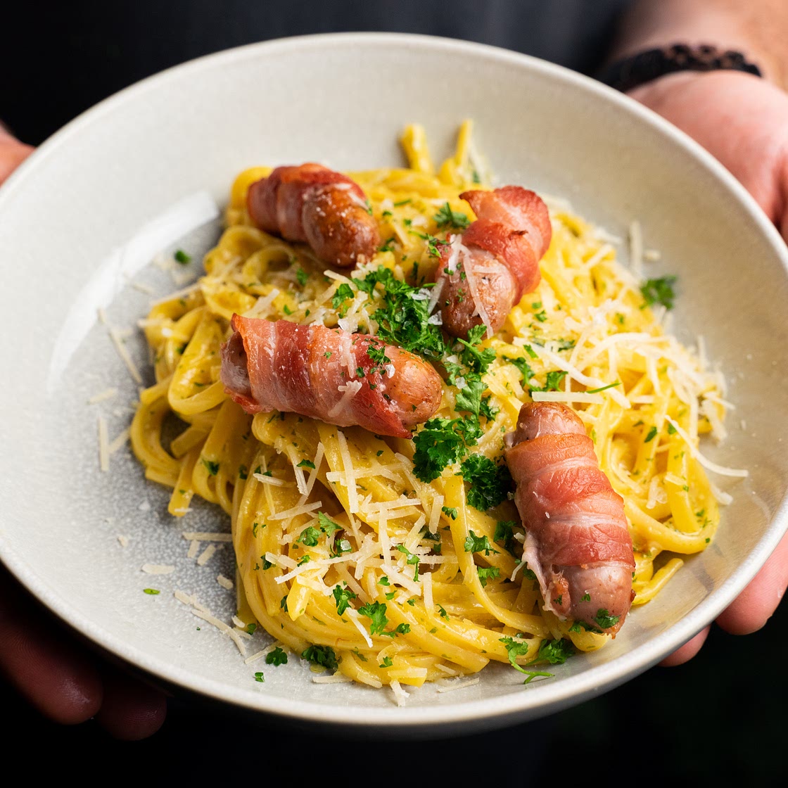 Pigs in Blankets with Garlic Butter Linguine by Pureety