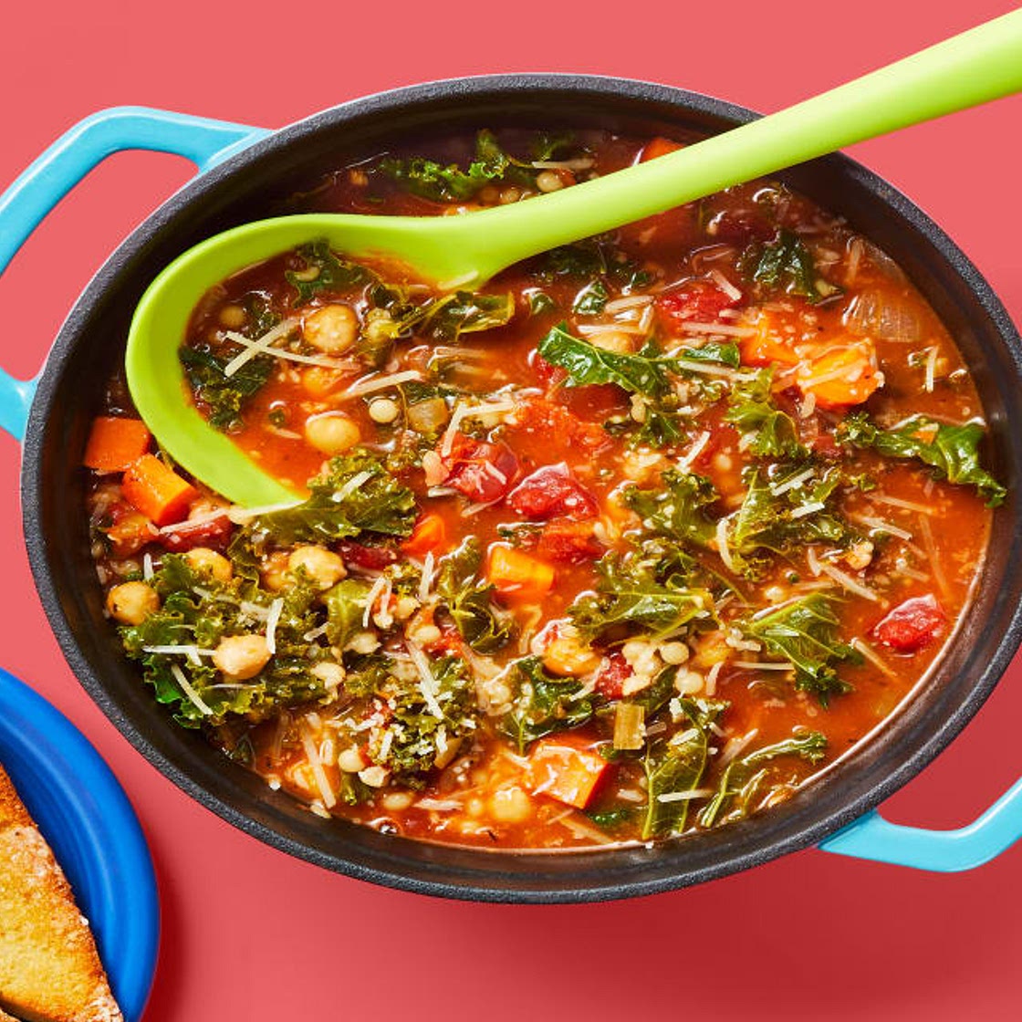 One-Pot Chickpea, Kale & Tomato Soup with Couscous, Parmesan & Garlic Ciabatta
