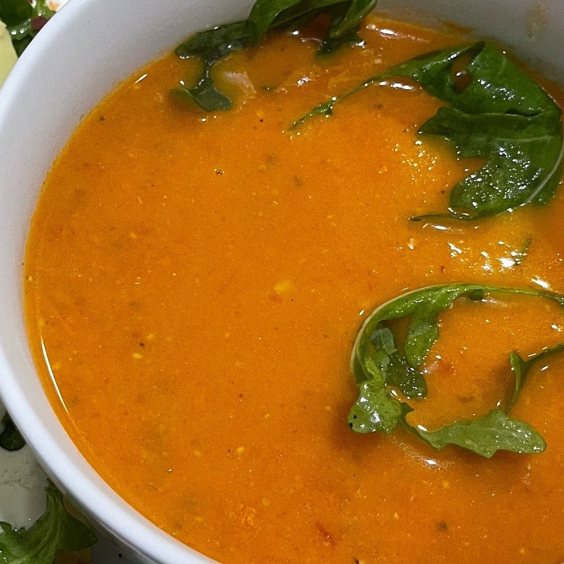 Moroccan Butternut Squash and Goat Cheese Soup w/Coconut Ginger Cream + Pistachios