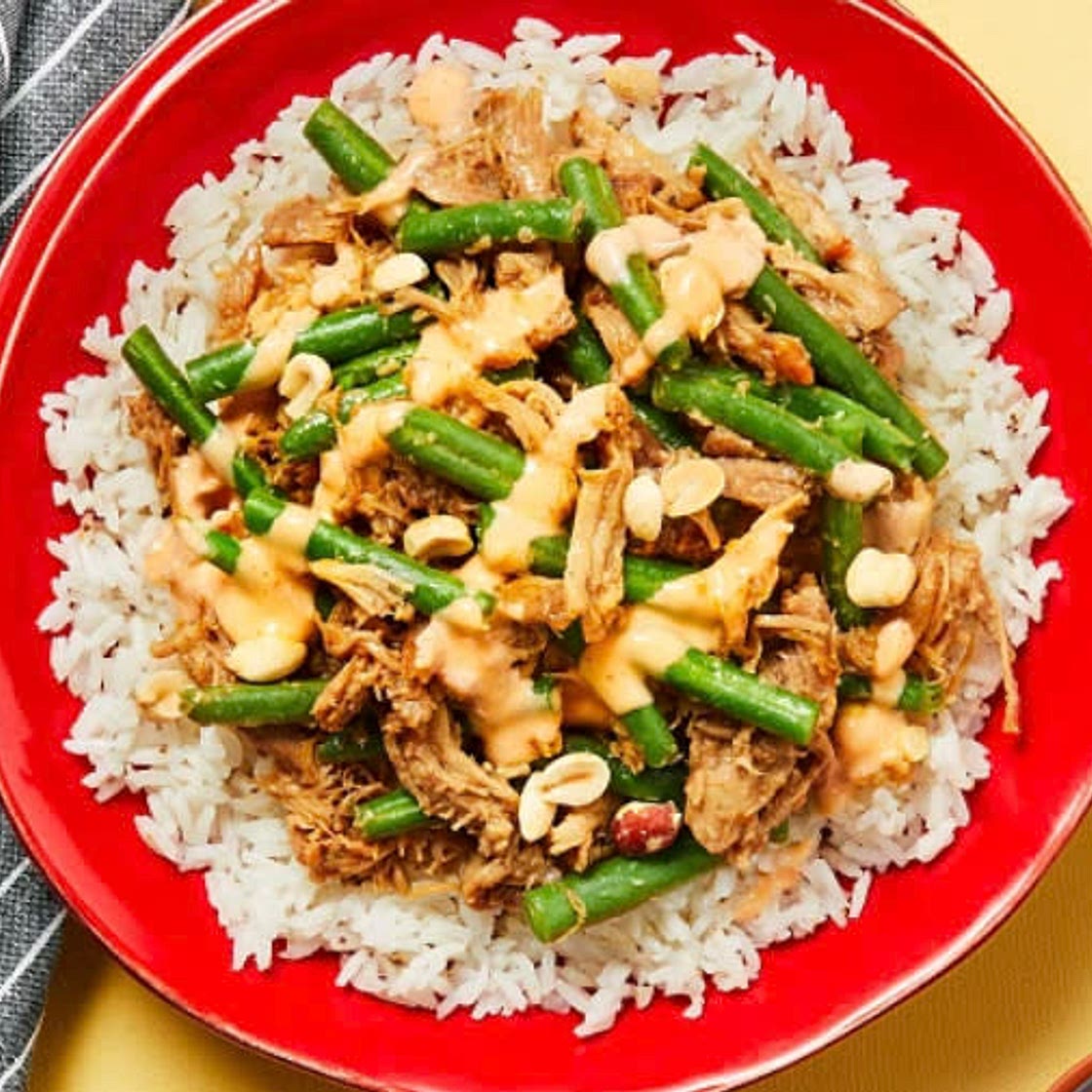 Sweet Soy Pulled Pork & Green Beans with Jasmine Rice, Sriracha 