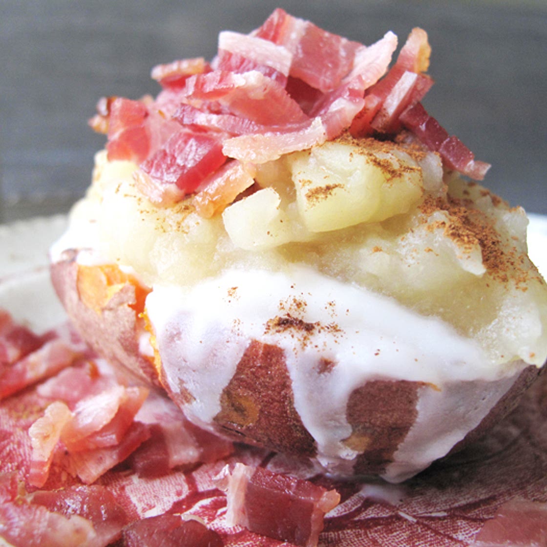 AIP / Breakfast Loaded Sweet Potato (Coconut Butter - Applesauce - Bacon - Cinnamon)
