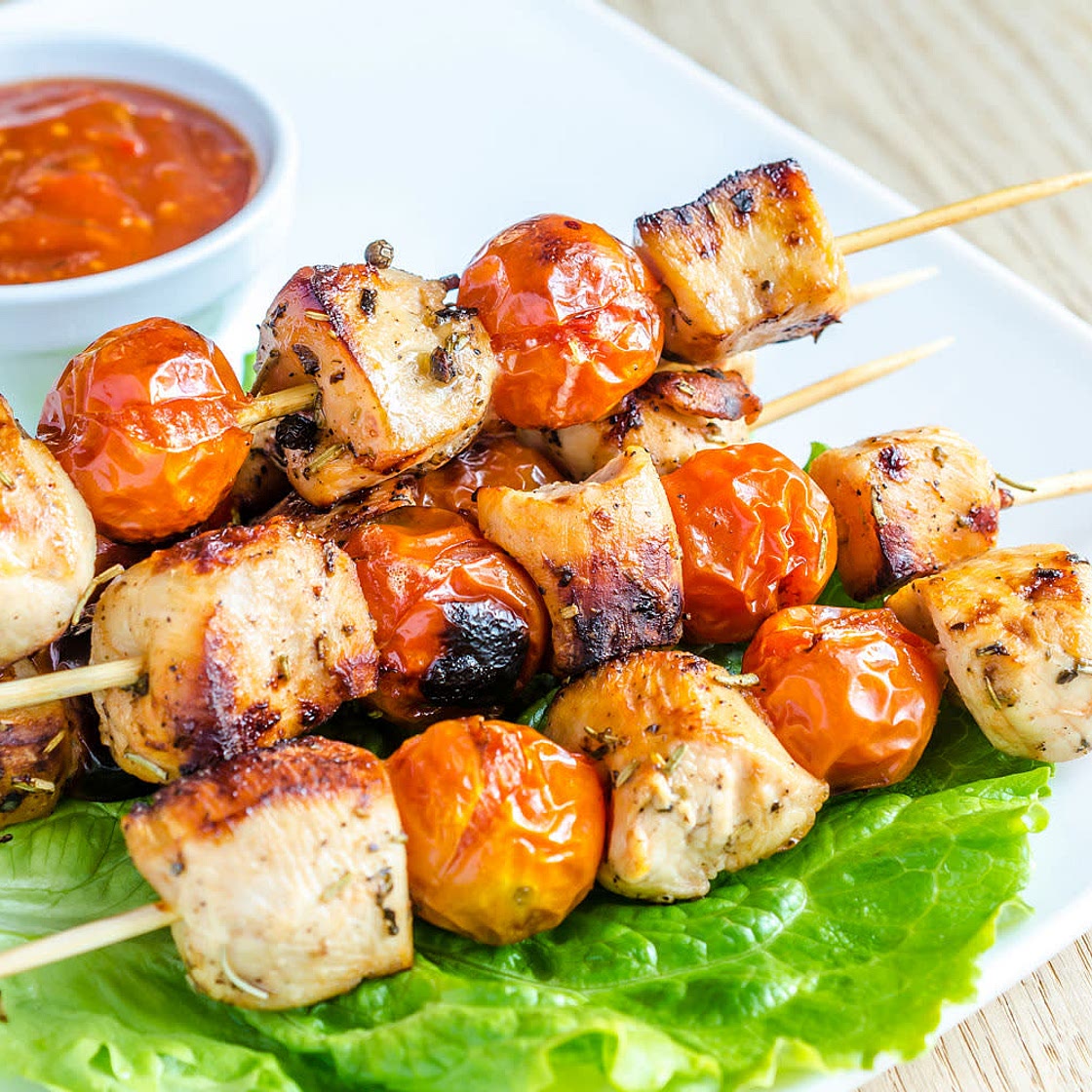 Korean chilli, sesame, and honey chicken kebabs