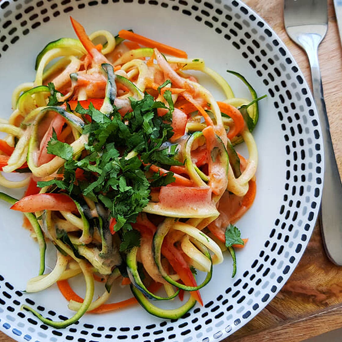 Raw Rainbow Noodles with Spicy Coconut Dressing