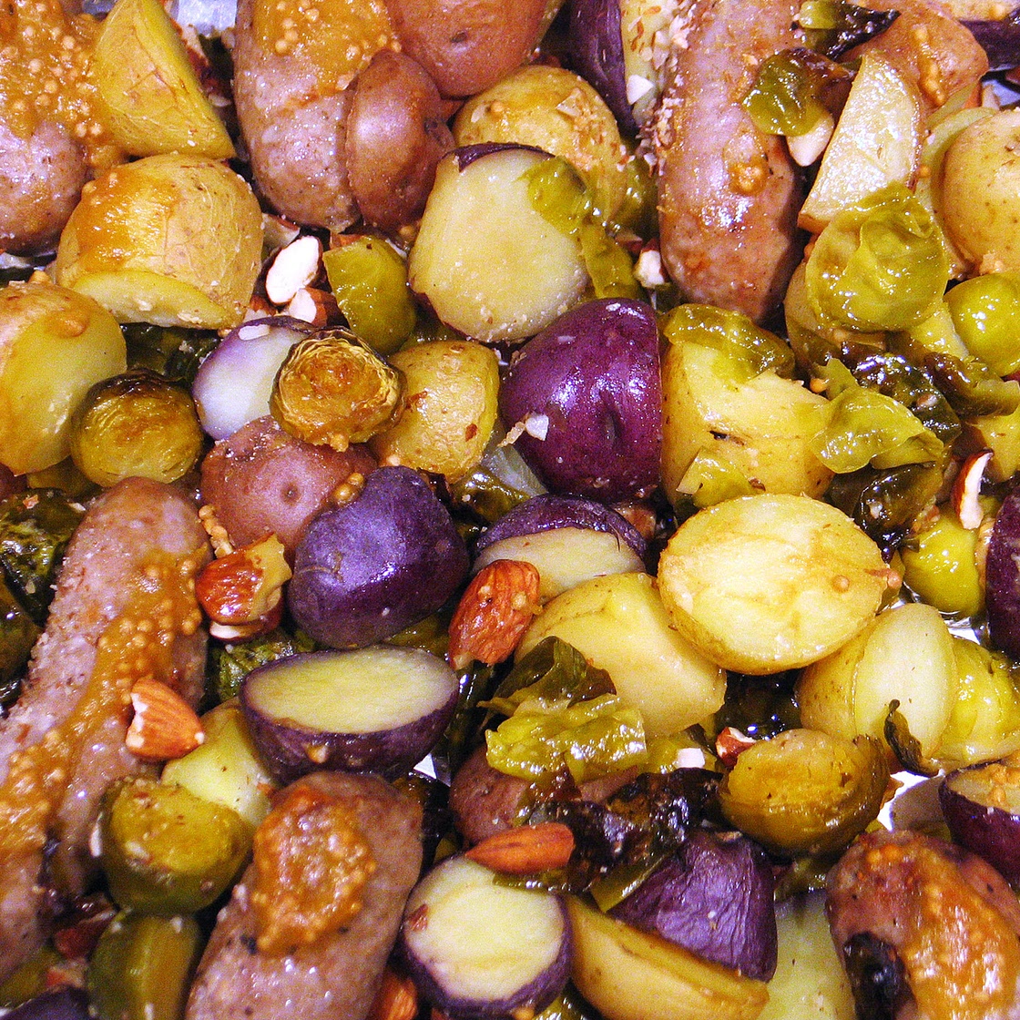Sheet Pan Sausages and Brussels Sprouts (with Honey Mustard)