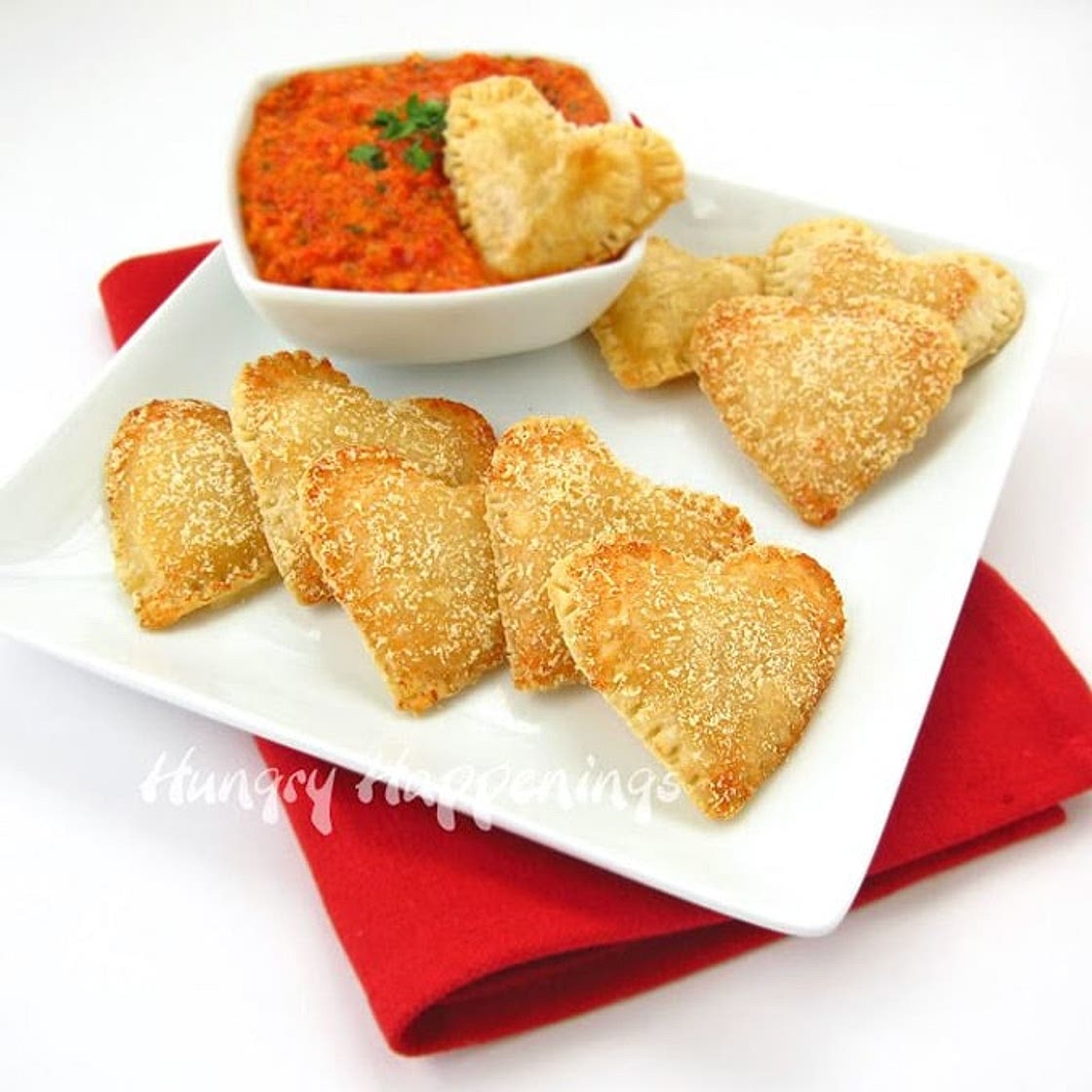 Mozzarella Cheese Filled Hearts with Roasted Red Pepper Pesto