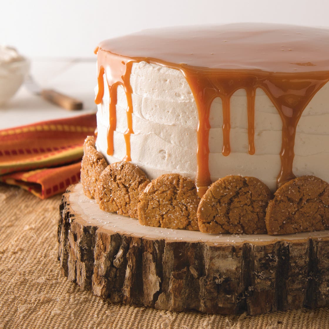 Gingersnap Spice Cake with Cream Cheese Frosting and Caramel