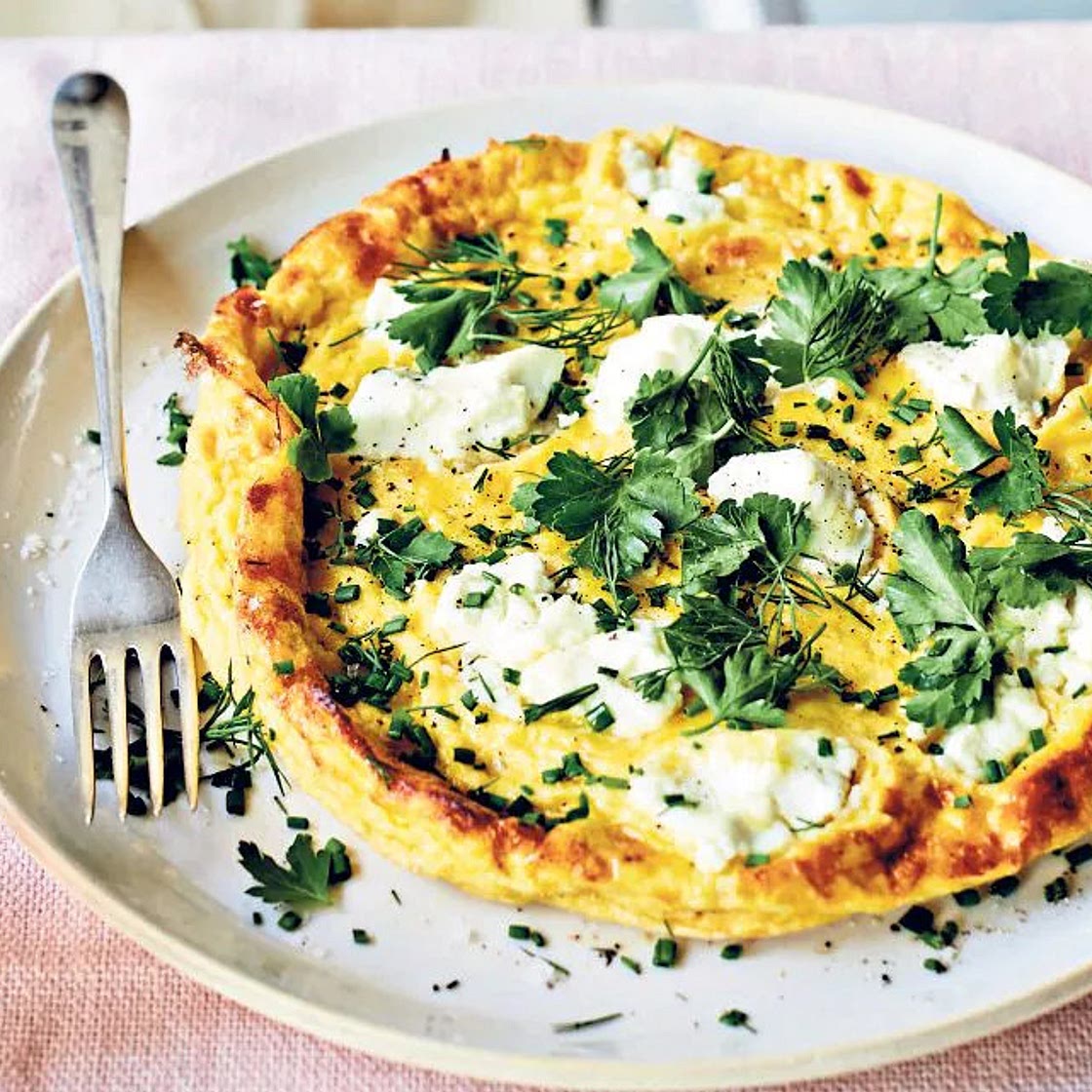Open omelette with goat’s cheese and herbs recipe