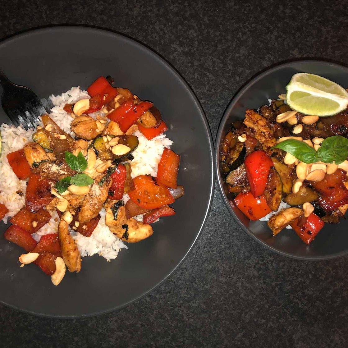 Thai basil chicken and mixed vegetable stir fry 