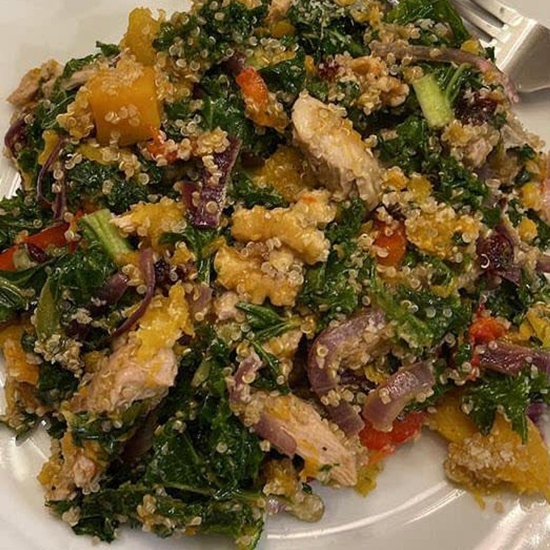 Hot Kale, Quinoa, Butternut Squash, and Grilled Chicken Salad with Maple Balsamic Vinaigrette