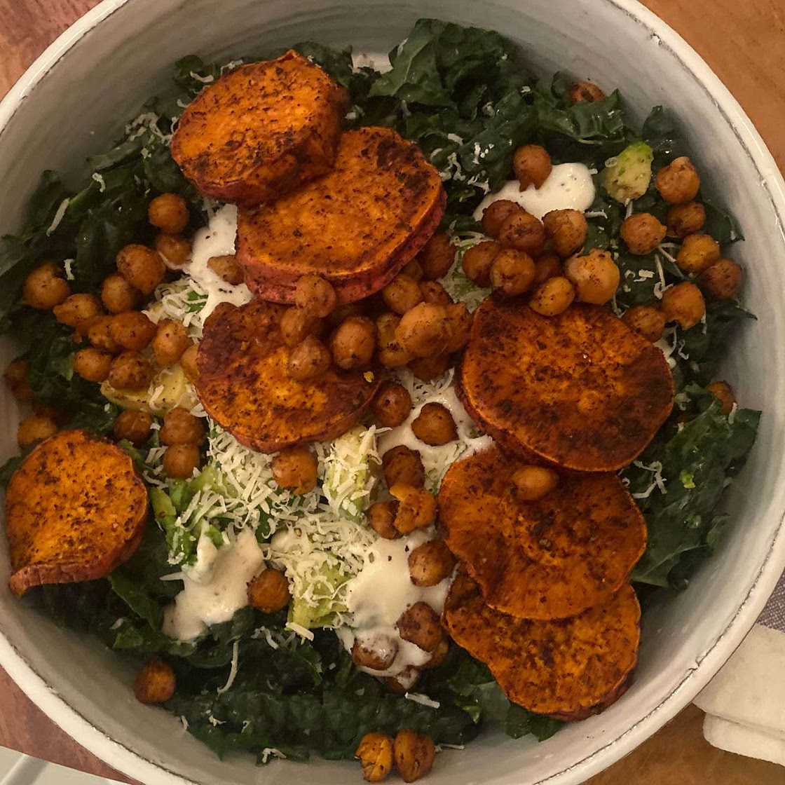 Kale Caesar Salad with Sweet Potatoes and Crispy Chickpeas