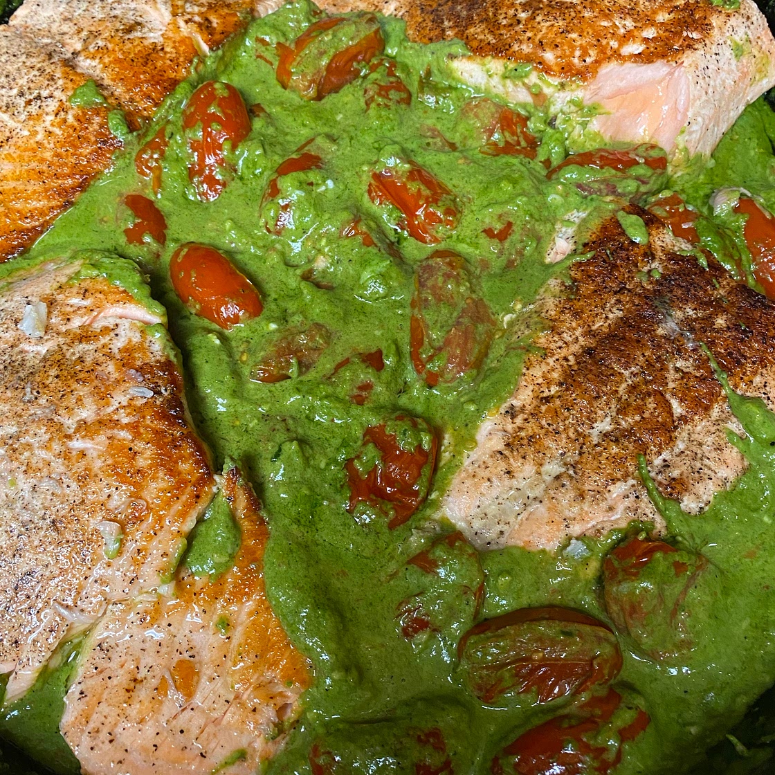 Creamy Pesto Salmon with Roasted Tomatoes and Pecans