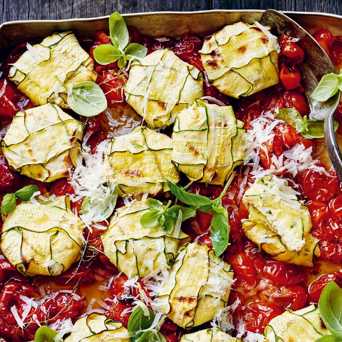 Zucchini 3-Cheese Ravioli with Baked Tomato Sauce