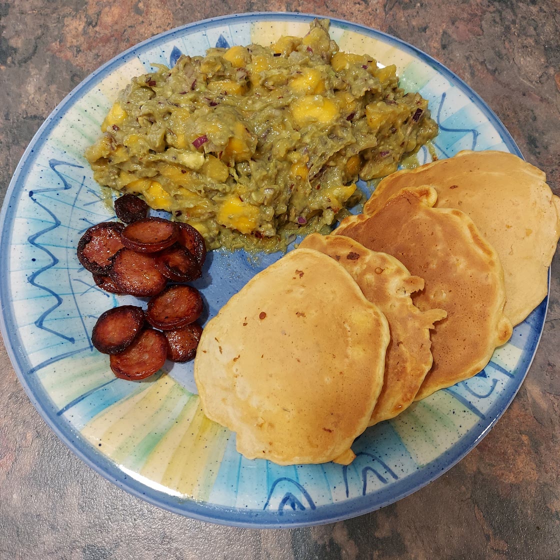 SWEETCORN FRITTERS WITH CHORIZO AND MANGO AND AVOCADO SALSA