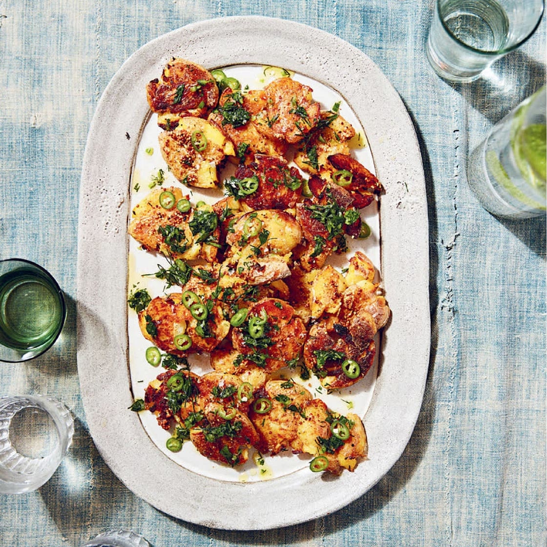 Mustardy Smashed New Potatoes with Jalapeño Gremolata