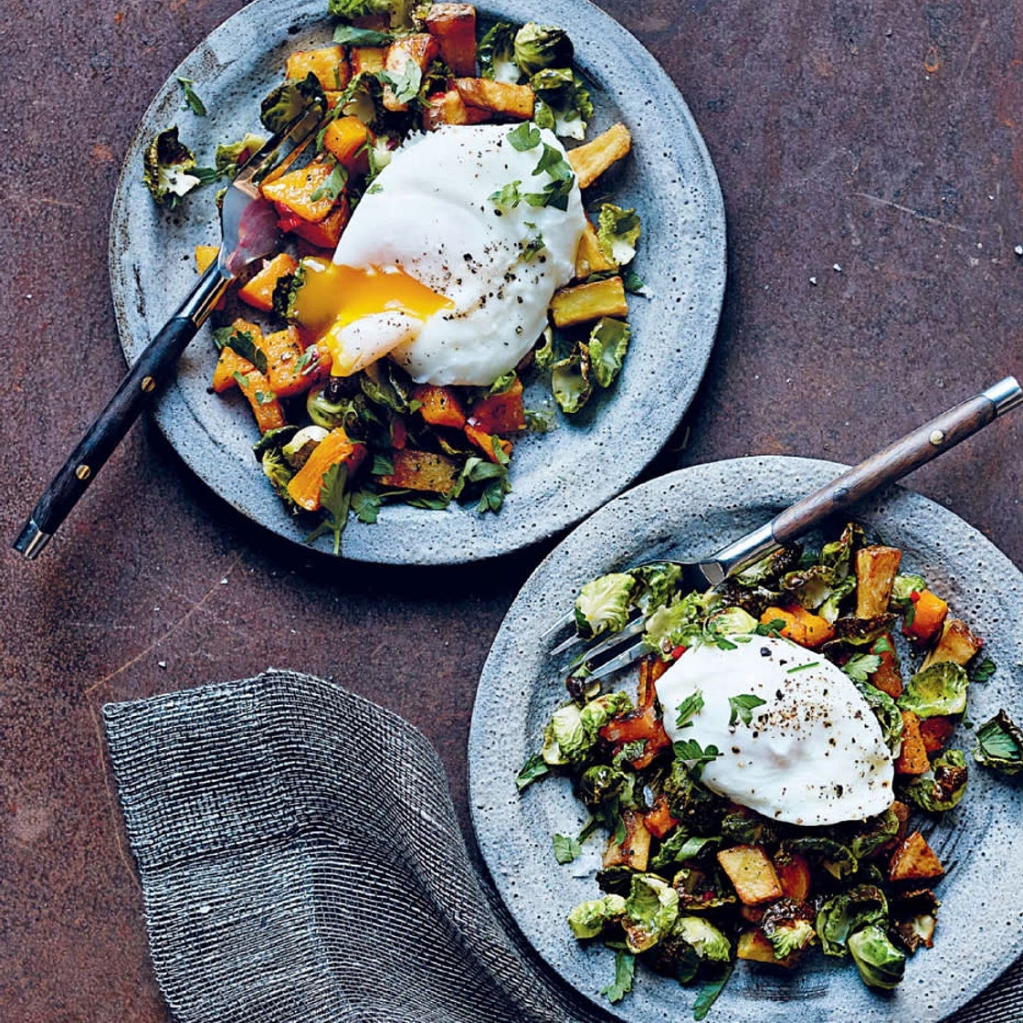 Roasted Pumpkin and Brussels Sprouts with Poached Eggs