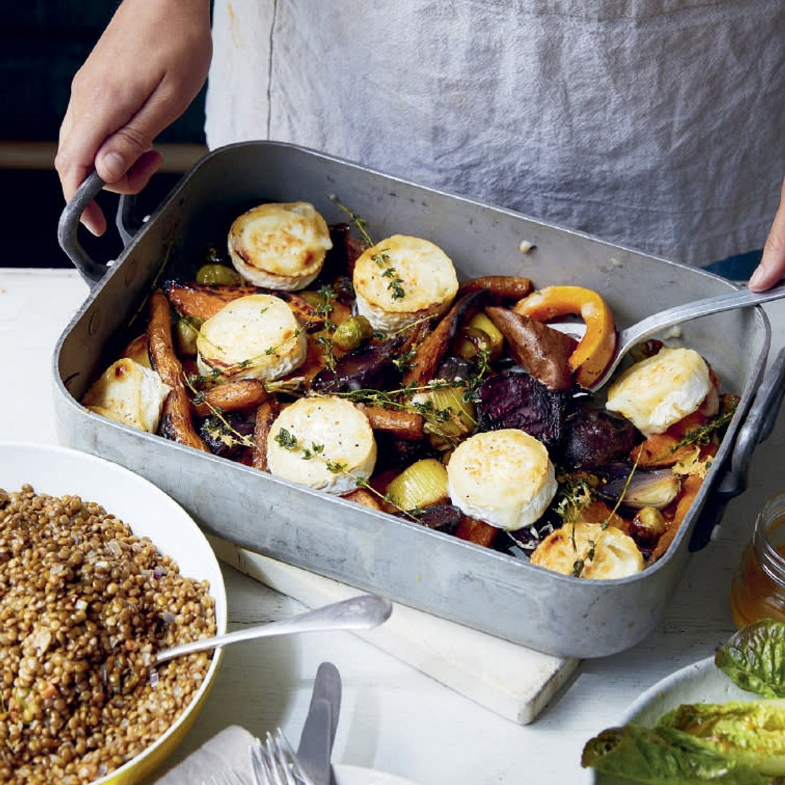Winter Roasted Roots and Goat's Cheese with Braised Lentils and Citrus Dressing