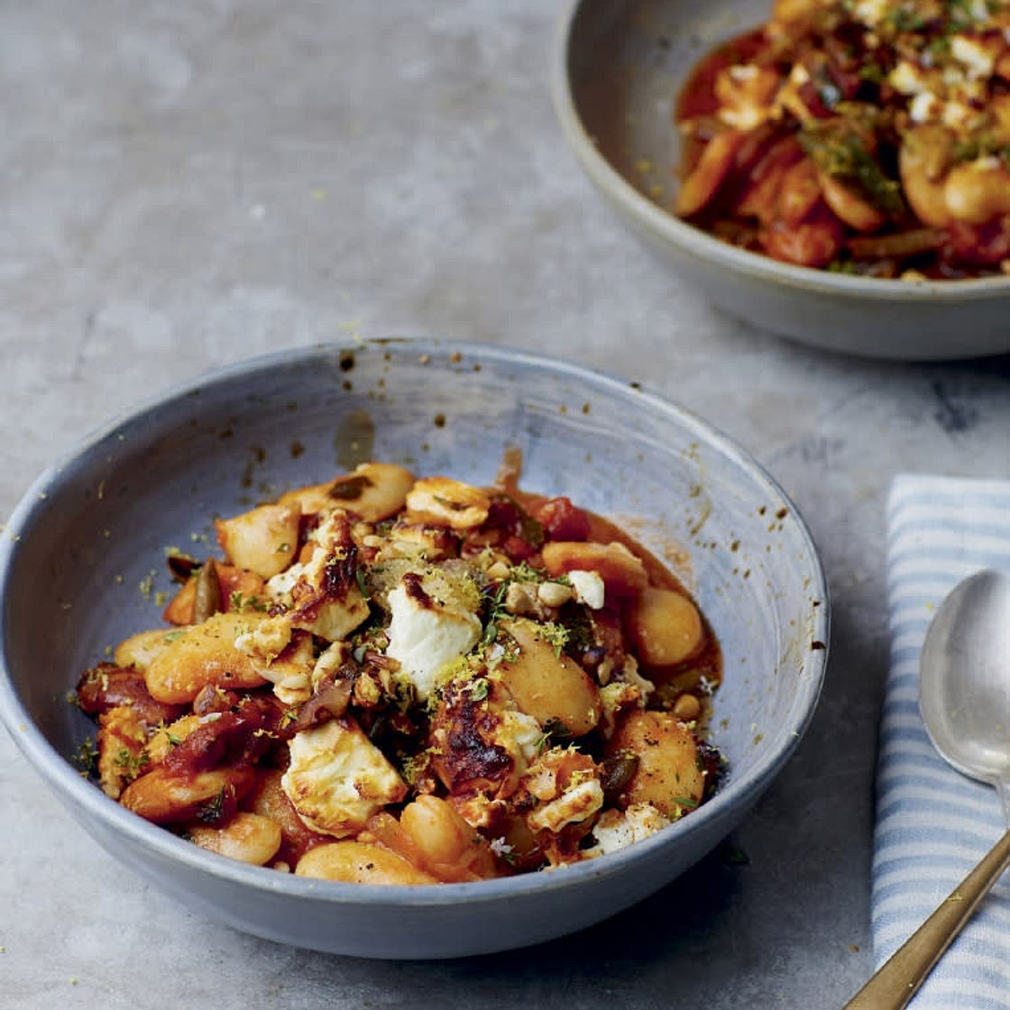 Greek-Style Tomato and Bean Bake with Feta and Honey Topping