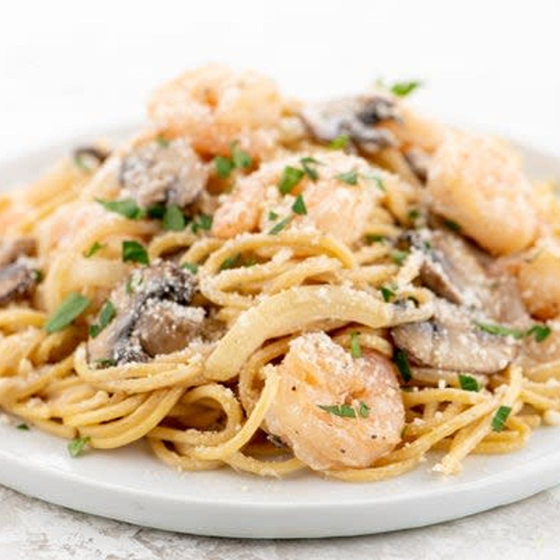 Shrimp Marsala Pasta with garlic and mushrooms