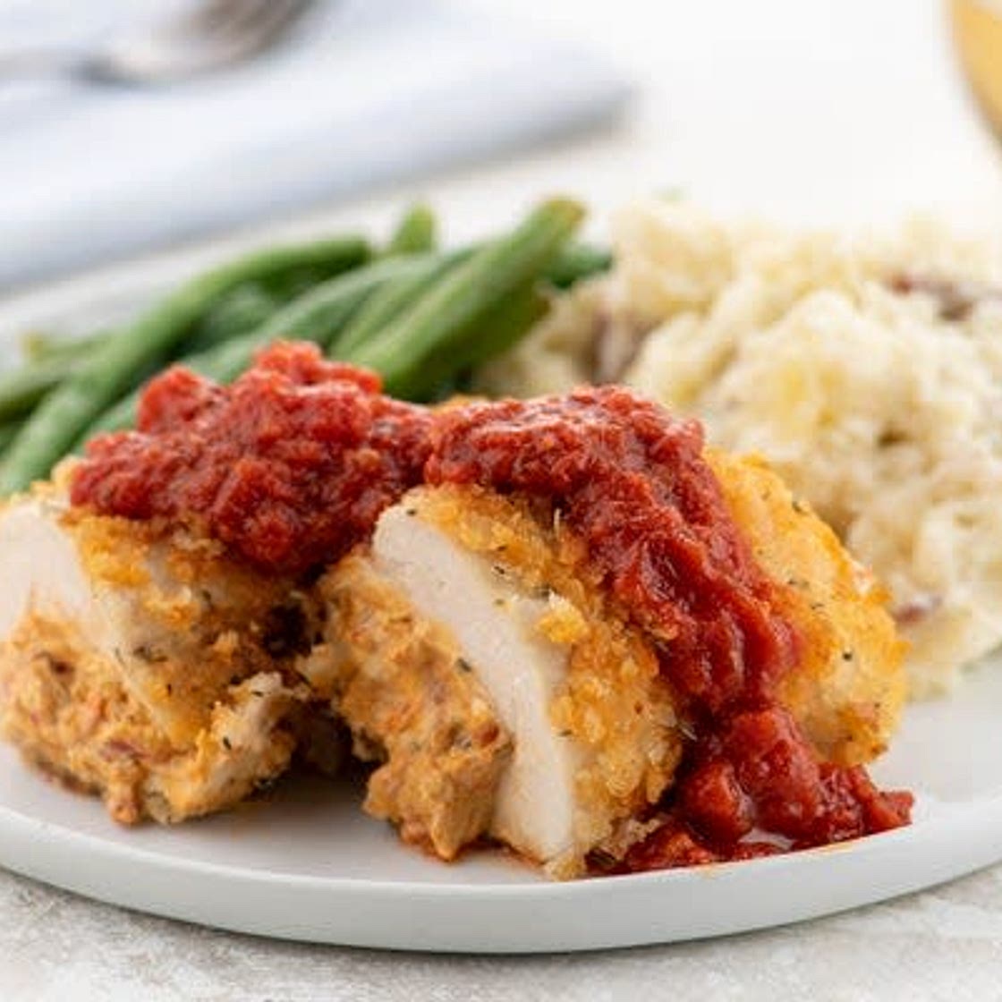 Creamy Stuffed Chicken with Parmesan Mashed Potatoes and green beans