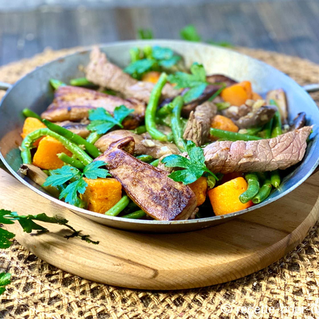 Recette de Sauté de boeuf aux Cèpes, Butternut et Haricots verts