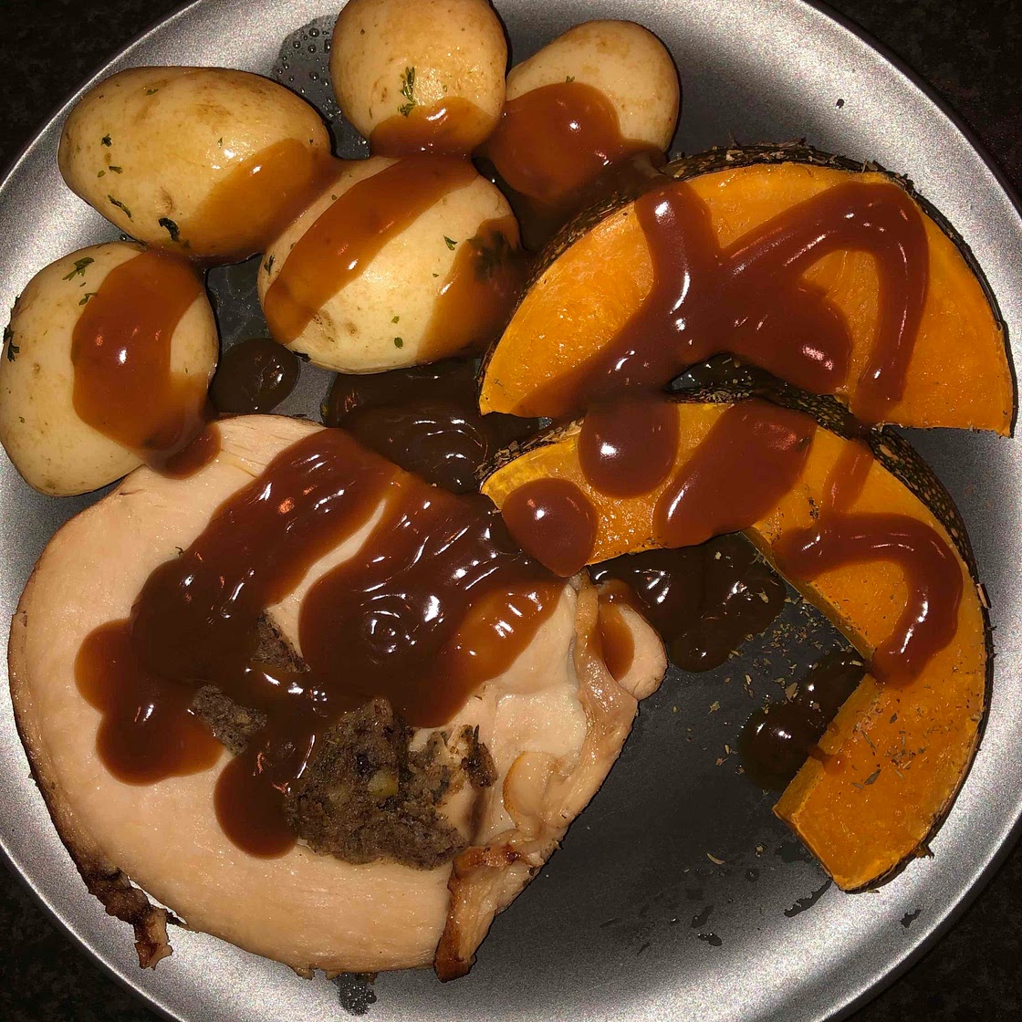 Pre cooked turkey with pumpkin and potatoes 