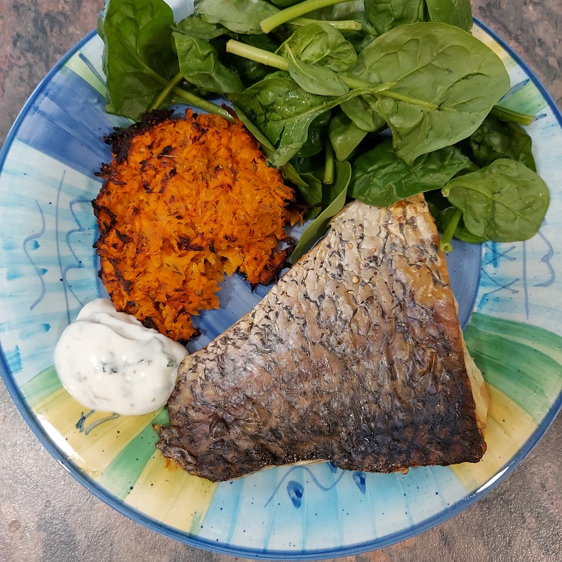 SWEET POTATO ROSTI + SALMON WITH BASIL YOGHURT