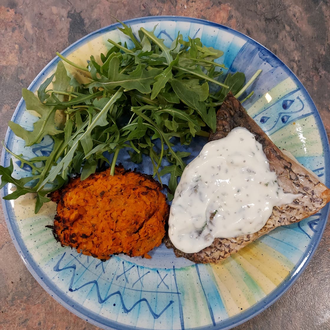 SWEET POTATO ROSTI + SALMON WITH BASIL YOGHURT