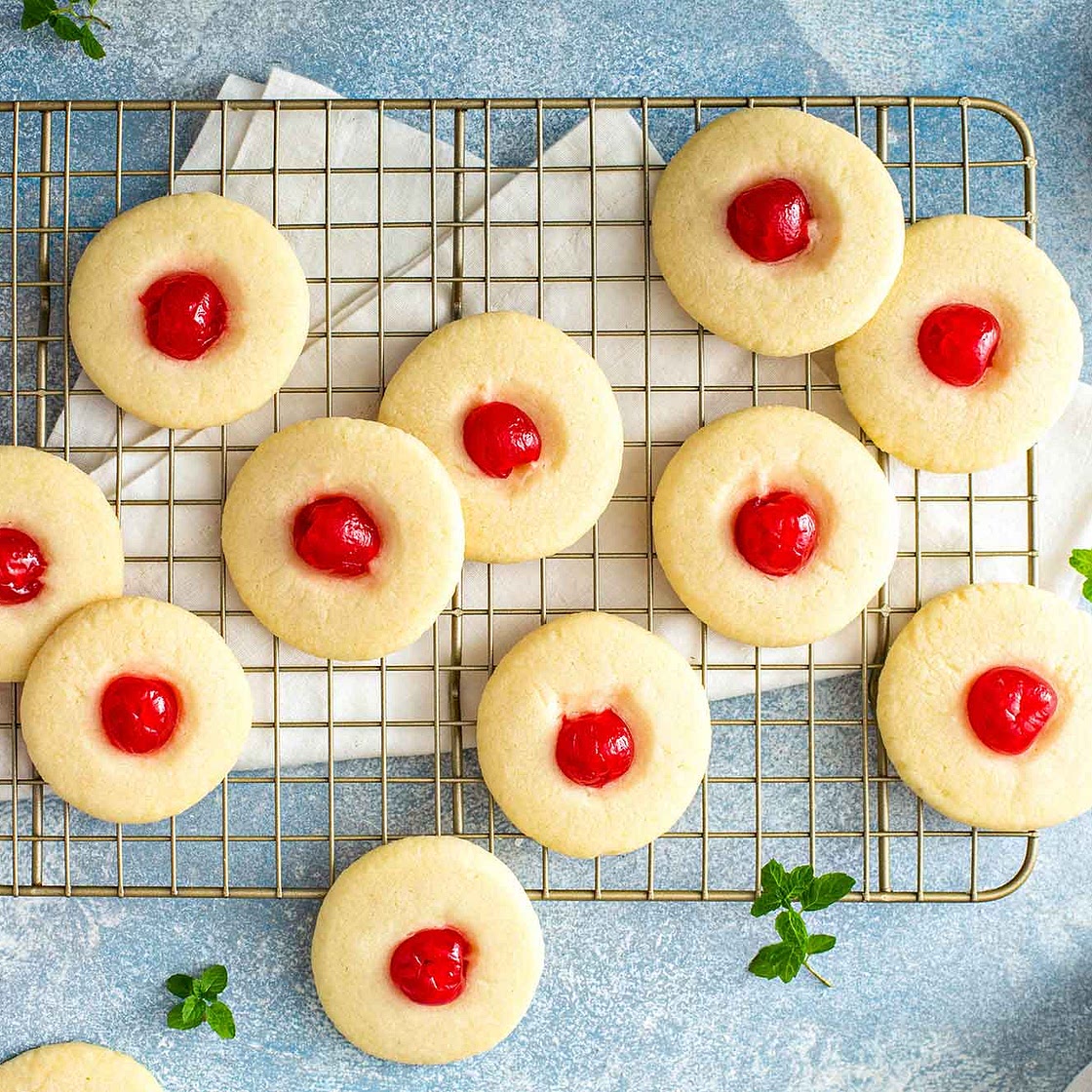 Cherry Almond Whipped Shortbread Cookies