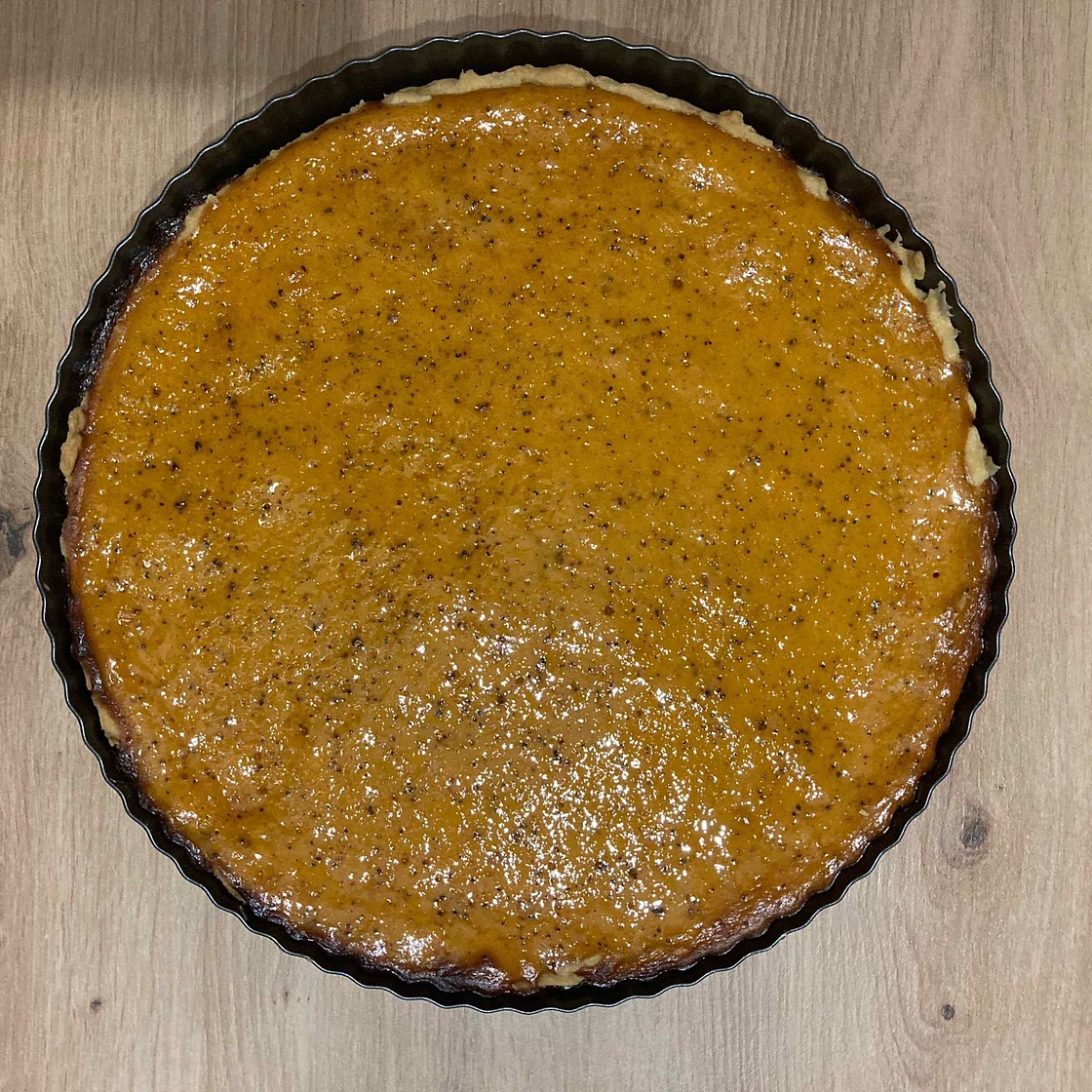 classic pumpkin pie with pecan praline sauce