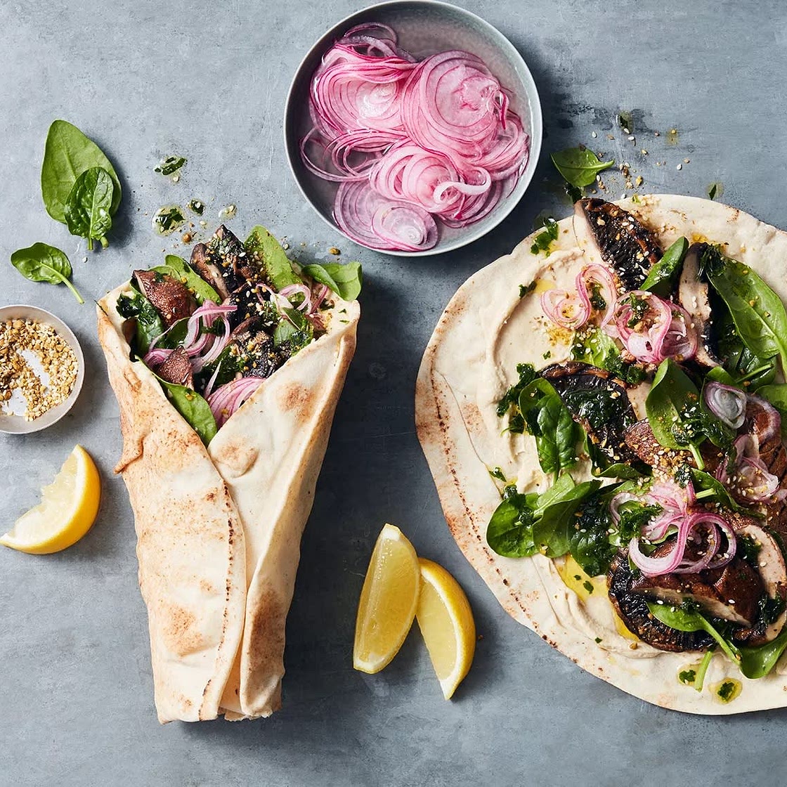 Dukkah-Crusted Mushrooms & Hummus Wraps