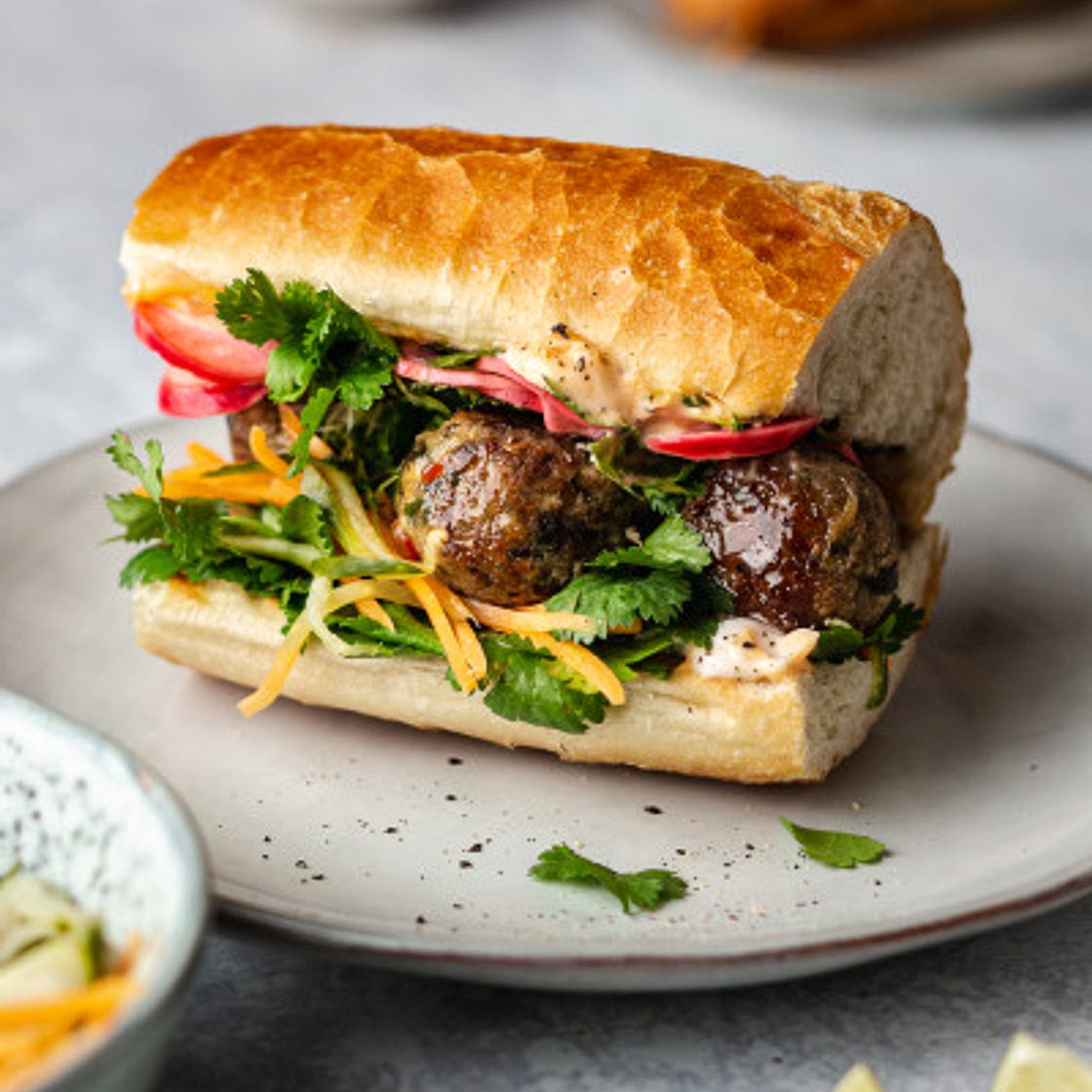 Vegan banh mi with lemongrass meatballs