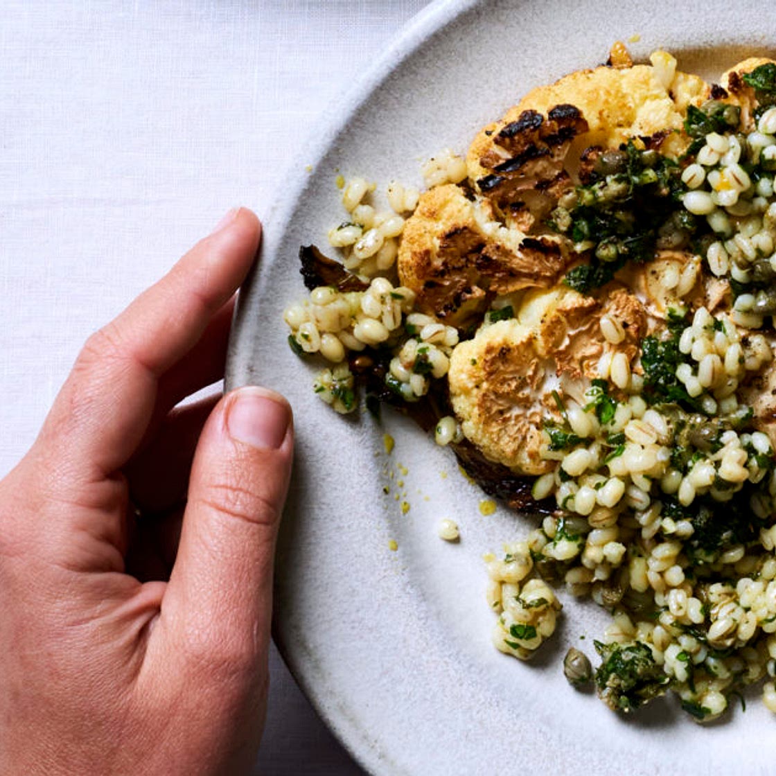 Cauliflower, pearl barley and salsa verde salad