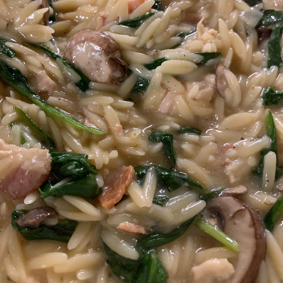 One-pot creamy chicken, bacon and mushroom orzo