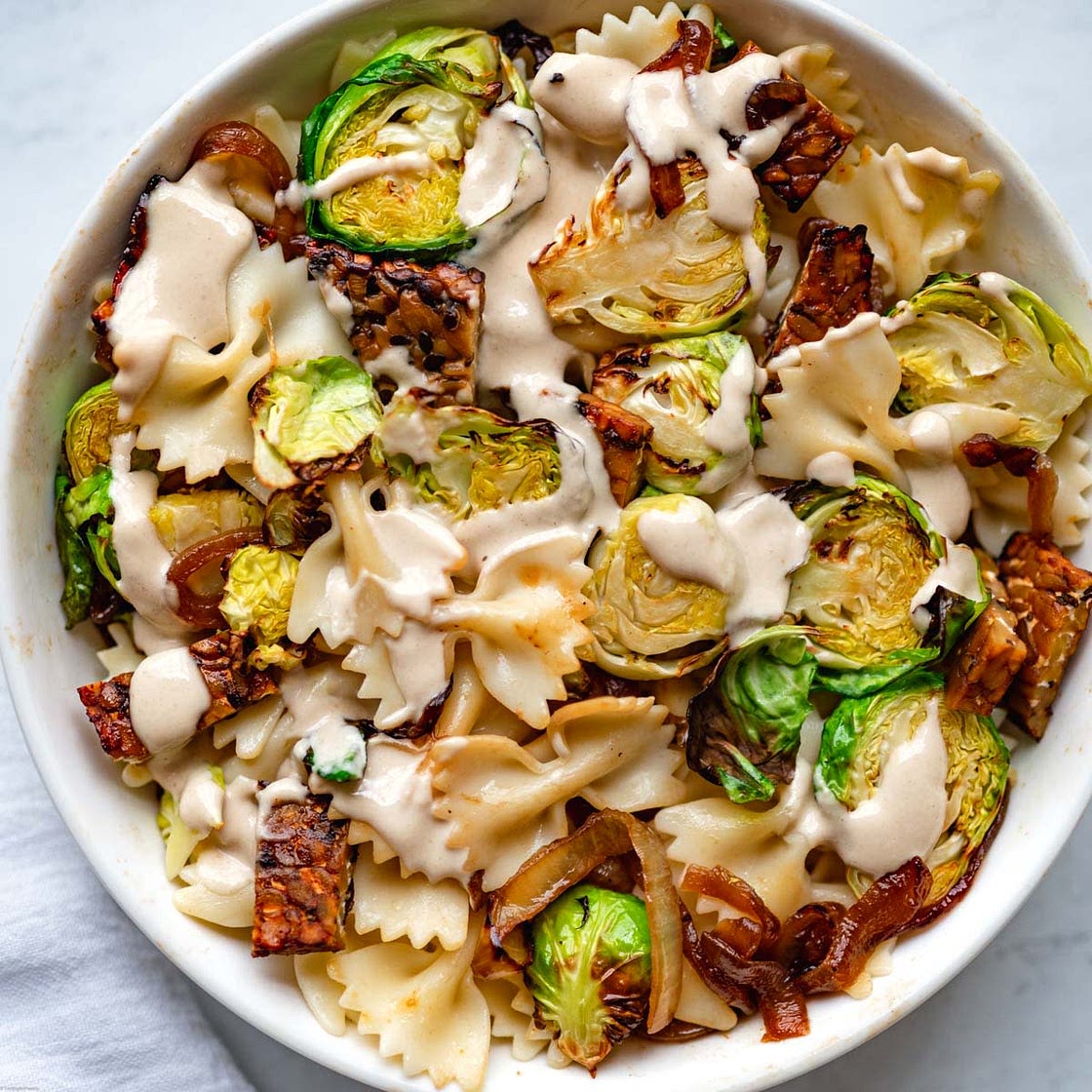Tahini Pasta with Brussels & Tempeh Bacon