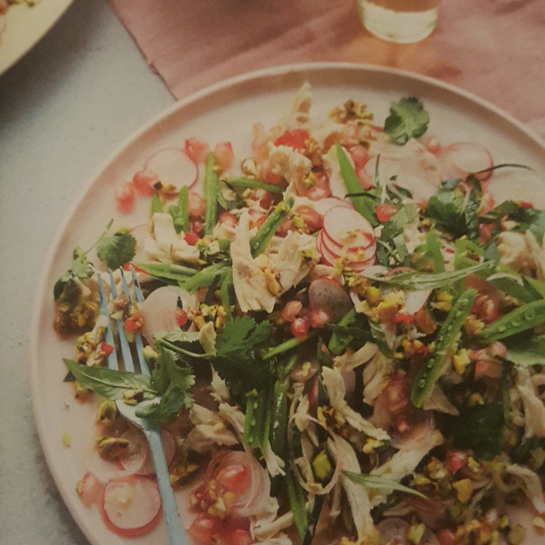 Vietnamese salad with sugar snap and radish, pistachio dressing