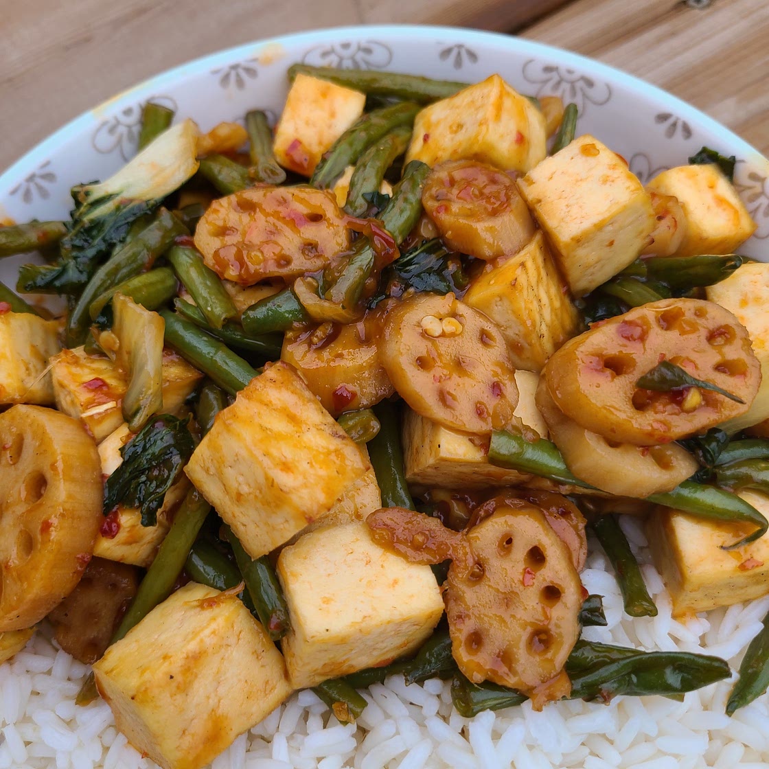 Baked Tofu, Lotus Root, French Bean, and Baby Bok Choy Stir-fry