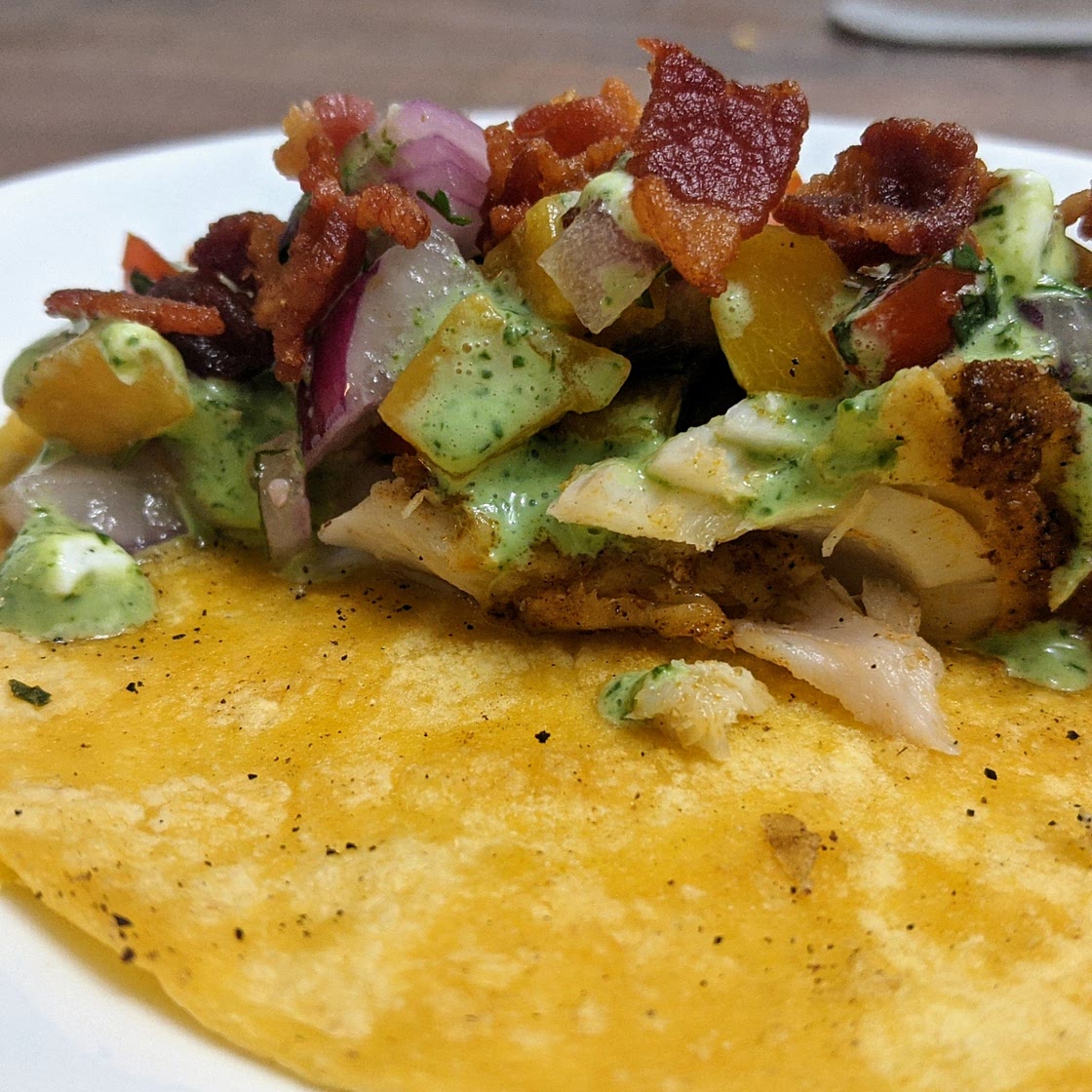 Blackened Mahi-Mahi Tacos with Peach Pico de Gallo and Cilantro Lime Sauce