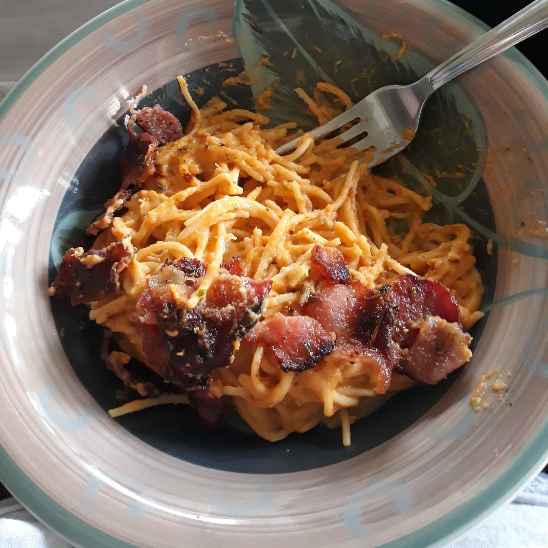 Butternut Squash Pasta Carbonara with Rosemary Bacon