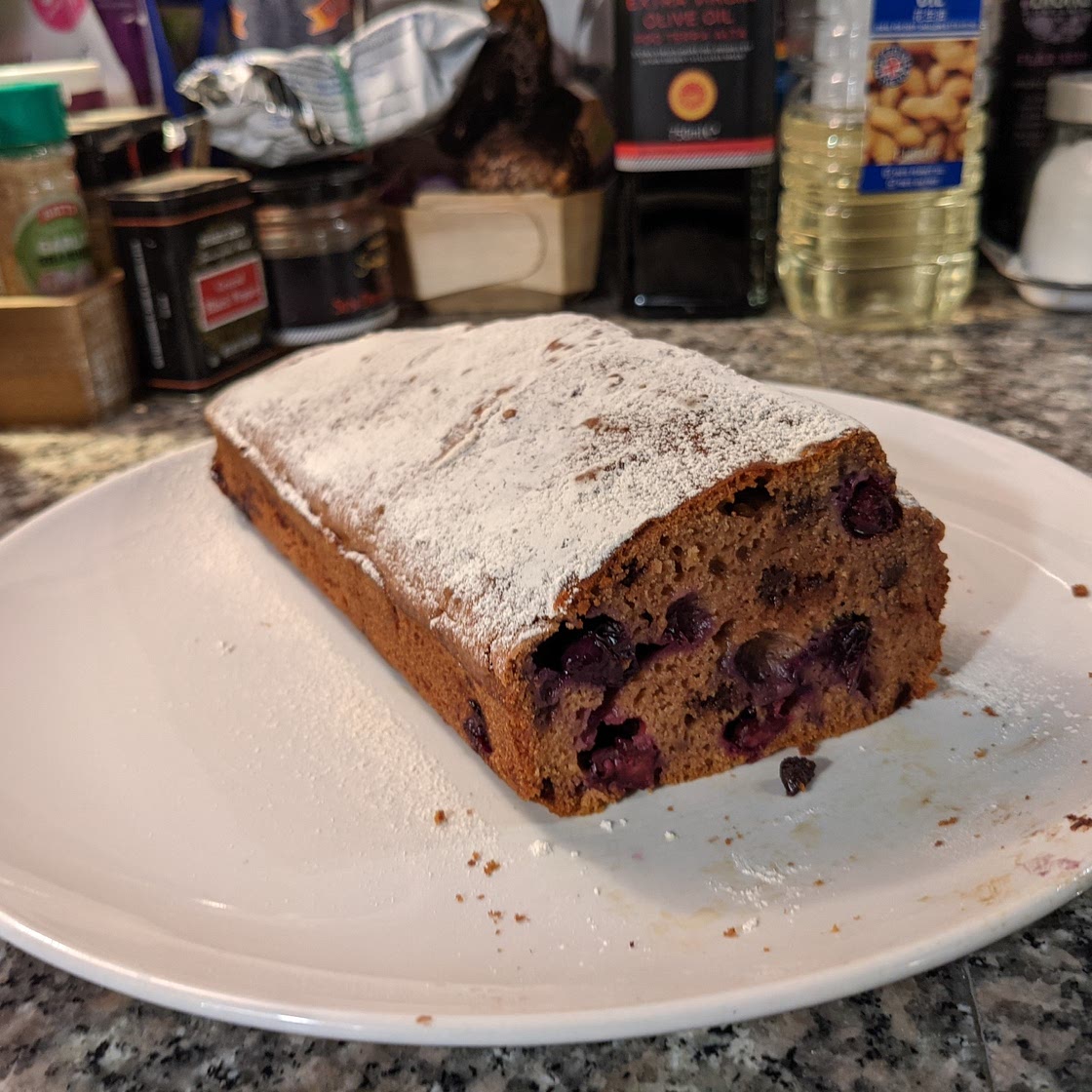 Blueberries, date syrup and choc chip loaf