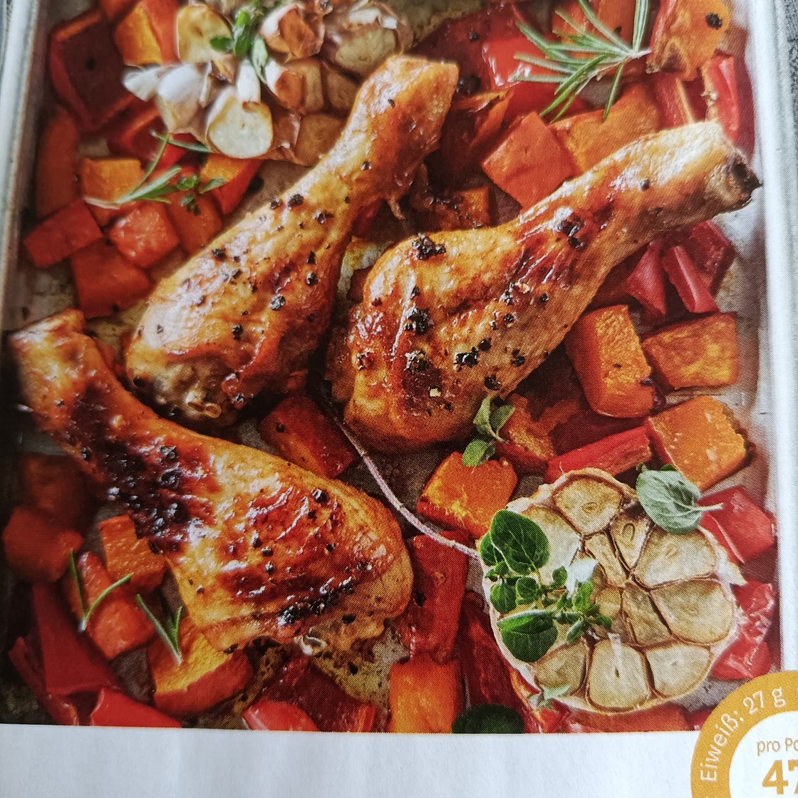 Honig Hähnchenkeulen mit Kürbis und Paprika